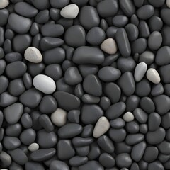 Fototapeta na wymiar Seamless dark black pile of small stone pebbles background texture. Beautiful shiny zen gravel river rocks widescreen wallpaper repeat pattern. High resolution nature closeup abstract 3D rendering.