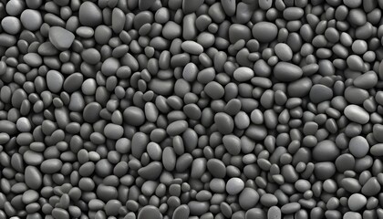 Seamless dark black pile of small stone pebbles background texture. Beautiful shiny zen gravel river rocks widescreen wallpaper repeat pattern. High resolution nature closeup abstract 3D rendering.