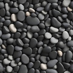 Seamless dark black pile of small stone pebbles background texture. Beautiful shiny zen gravel river rocks widescreen wallpaper repeat pattern. High resolution nature closeup abstract 3D rendering.