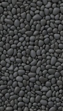Seamless dark black pile of small stone pebbles background texture. Beautiful shiny zen gravel river rocks widescreen wallpaper repeat pattern. High resolution nature closeup abstract 3D rendering.