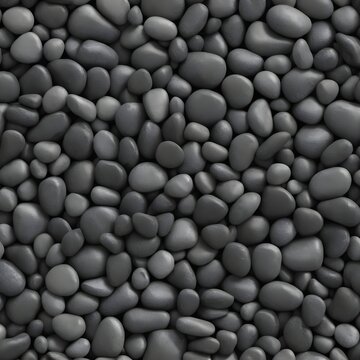 Seamless dark black pile of small stone pebbles background texture. Beautiful shiny zen gravel river rocks widescreen wallpaper repeat pattern. High resolution nature closeup abstract 3D rendering.