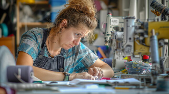 White european woman working as a seamstress, sewer using equipment, textile industry, clothes design concept, diversity. sad and emotional
