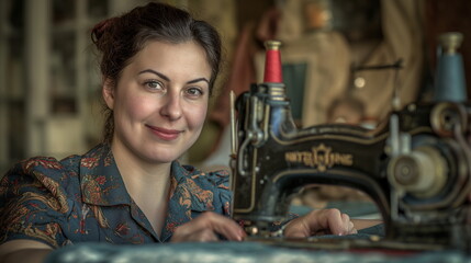 White european woman working as a sewer using equipment, textile industry, clothes design, diversity, professional, seamstress