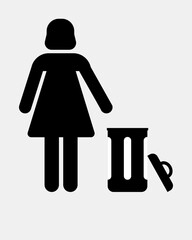 Trash icon with Tidy women symbol, do not litter icon, keep clean, dispose of carefully and thoughtfully symbol, Images with Copy Space, vertical,  Individual Icon, Include people