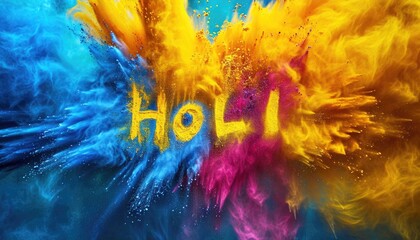 A powerful burst of colored powder with word Holi written on it. Explosion cloud of multicolored vibrant powder. Happy Holi Indian festival concept. Design for poster, greeting card, event promotion