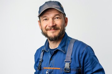 a handsome plumber stands ready with his trusty tools, offering expert service and a friendly smile to solve your plumbing needs on white background. Generative AI.