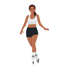 Beautiful black woman riding on roller skates. Vector illustration on white background