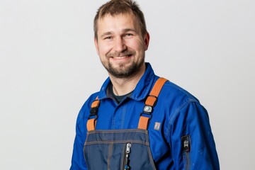 a handsome plumber stands ready with his trusty tools, offering expert service and a friendly smile to solve your plumbing needs on white background. Generative AI.