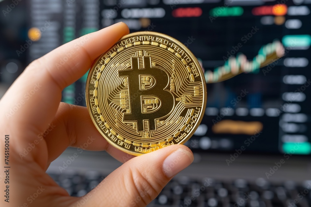 Poster golden bitcoin stands out with financial graph on computer screen, investment focus. crisp bitcoin a