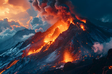 Close up of Volcano Eruption. Mountain Explodes with Flowing Magma. Fantasy Landscape - obrazy, fototapety, plakaty