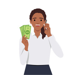 Young Woman holding smartphone and dollars she is calling someone on phone with happy face. Flat vector illustration isolated on white background
