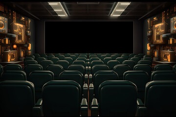 A silent cinema awaits, its empty hall lined with chairs, ready for a cinematic spectacle