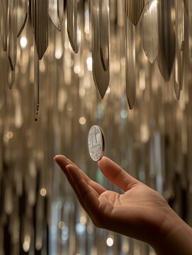 Open hand beneath a floating silver coin, ethereal design elements suggest cryptocurrency's future. Silver coin levitated over palm, abstract setting implies digital currency's potential. © N Joy Art 