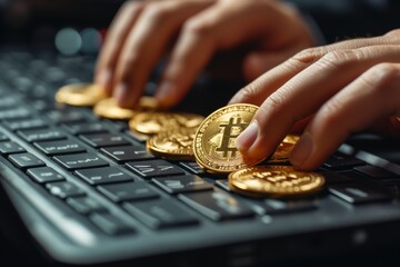 Fingers placing Bitcoin on keyboard, indicating online trading and digital transactions. Bitcoin atop a keyboard, metaphor for the integration of cryptocurrency with digital finance