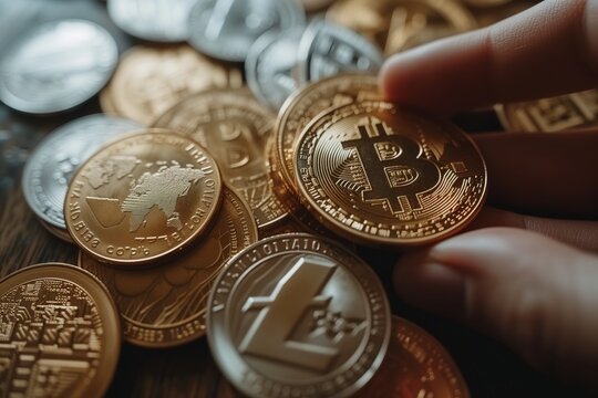 Collection of cryptocurrency coins in hand, reflecting diversity in digital currency investment. Hand holds assorted crypto coins, indicating the variety and options in the cryptocurrency market