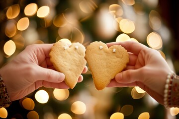 Two hands holding cracked heart-shaped cookies, symbolizing fragile relationships or broken love. Close-up of hands presenting heart-shaped cookies with a crack, evoking themes of delicate love