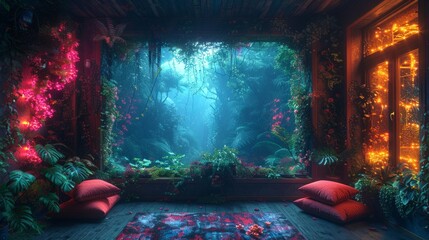 Colorful Lofi Empty Interior: Anime Manga Style with Jungle View, Cozy Chill Vibes, and Hip-Hop Atmospheric Lights Wallpaper