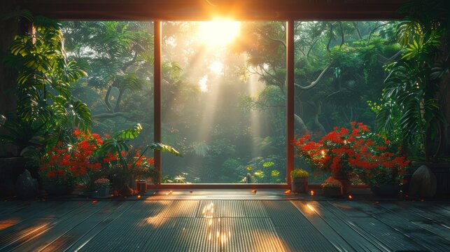 Colorful Lofi Empty Interior: Anime Manga Style with Jungle View, Cozy Chill Vibes, and Hip-Hop Atmospheric Lights Wallpaper