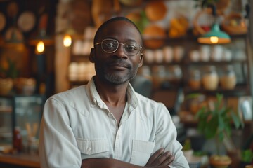 Fototapeta premium African American male barista, coffee shop owner small business. Serene man in white shirt at coffee shop, relaxed pose with crossed arms, content. Casual, contented entrepreneur in café, white shirt