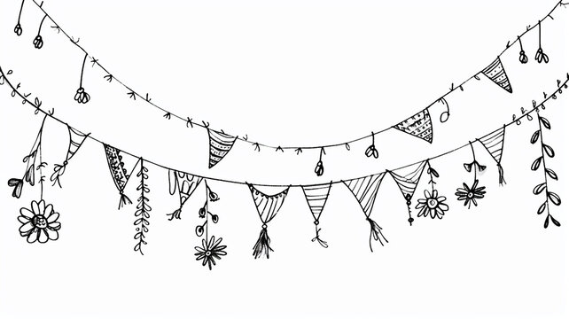 Hand drawn garland of flags and flowers on a white background. 
