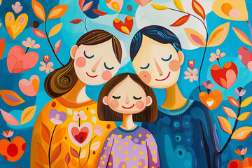 Happy family. Mother, father and daughter in love. Vector illustration. Concept of love and family values. - obrazy, fototapety, plakaty