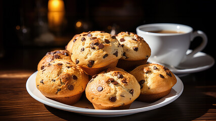 Chocolate chip muffins on a white plate with cup of coffee, rustic wooden kitchen countertop set up, overhead view, soft warm afternoon light, realistic photo, food photography style