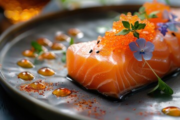 Salmon sashimi topped with vibrant roe and a delicate blue flower, arranged on a slate plate, embodying gourmet finesse. Succulent slices of raw salmon, crowned with glistening fish eggs