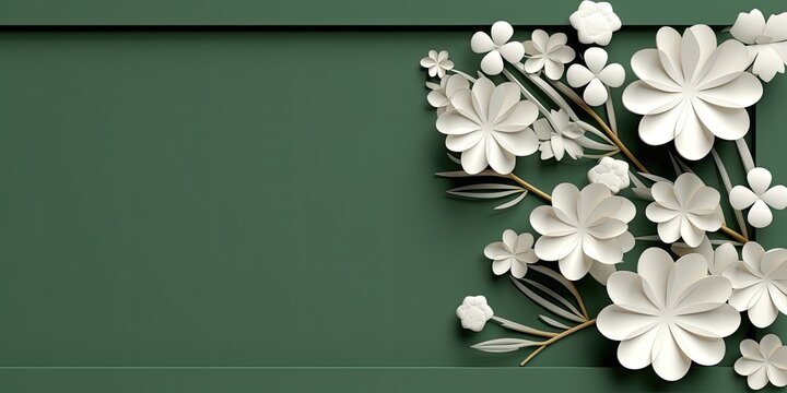 A springtime border adorned with delicate white flowers, offering a serene backdrop with ample space for text or imagery.