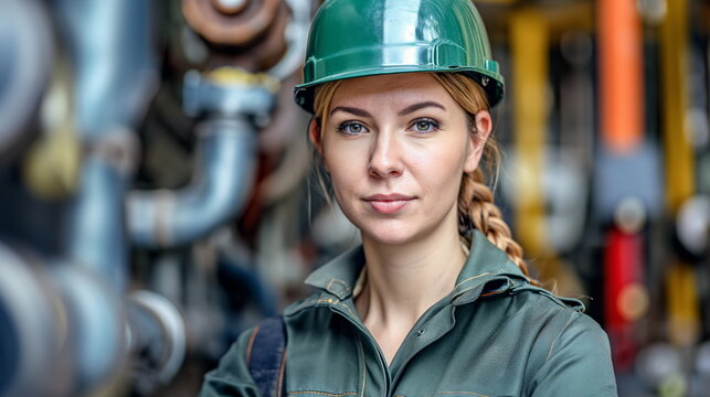 Professional  white european female engineer  in hard hat at factory, heavy industry
