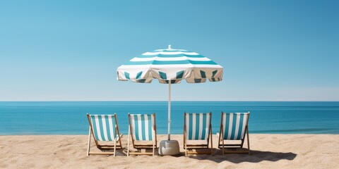 Under vibrant beach umbrellas, sun-kissed chairs beckon amid the holiday revelry by the sea - obrazy, fototapety, plakaty