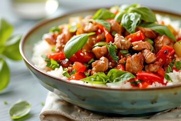 Savory chicken basil stir-fry perched atop fluffy jasmine rice, nestled in earth-toned bowl,...