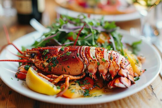 Lobster garnished with herbs, lemon, on a white plate, a portrait of seafood dining elegance and fresh flavors. Sumptuous lobster, seasoned and served with citrus, on porcelain