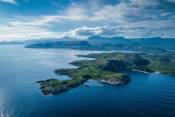 Fototapeta na wymiar A breathtaking aerial view of a green island amidst the vast blue ocean under a cloudy sky.