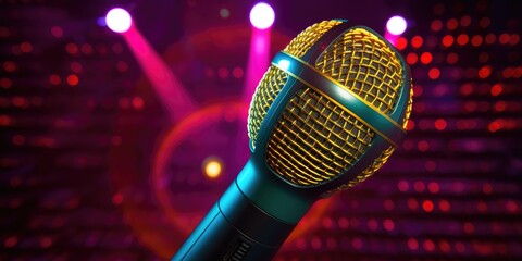 Amidst a symphony of vibrant hues, a vintage microphone takes center stage, illuminated by a spectrum of colorful lights