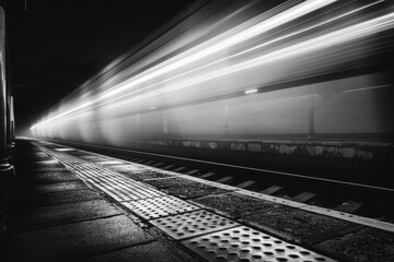 A fast-moving train at a station captured in a stunning motion blur under the city night lights. - obrazy, fototapety, plakaty