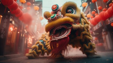 Ta fotografia przedstawia tradycyjny taniec lwa wykonany na środku ulicy podczas chińskiego Nowego Roku. Dwóch tancerzy w kostiumach lwa wykonuje widowiskowe ruchy podczas przemarszu