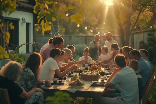 Family and friends celebrate outdoors, enjoying food  and fun