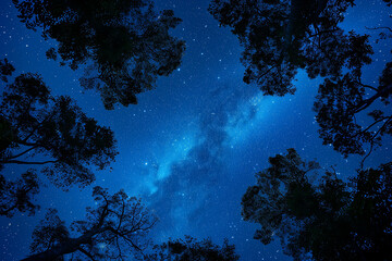 Beautiful night sky Milky Way and trees bottom view 90 degrees, Generative AI. - 745152218