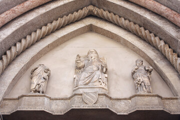 Rich decoration with sculptures of Old Church of St Dominic in Pesaro, Italy