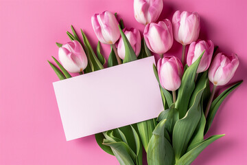 Pink Tulips with Blank White Card on Pink Background