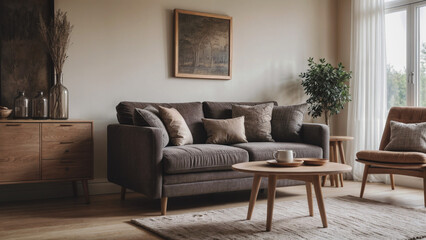 Cozy loveseat sofa near round accent coffee table.