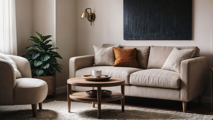 Cozy loveseat sofa near round accent coffee table. Scandinavian home interior design of modern living 