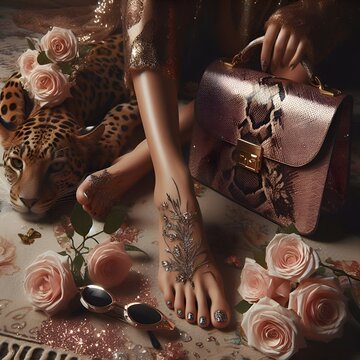 A leopard lays next to a woman's legs. Feminine fashion elegant luxury style with glitter and rhinestones generative ai