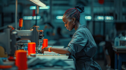 African woman working as a seamstress, sewer using equipment, textile industry, clothes design, diversity - obrazy, fototapety, plakaty