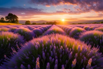 The landscape of lavender blooms in a field - obrazy, fototapety, plakaty