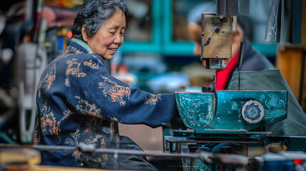 Seniour asian woman working as a seamstress, smiling,  using equipment, textile industry, clothes design, diversity - obrazy, fototapety, plakaty