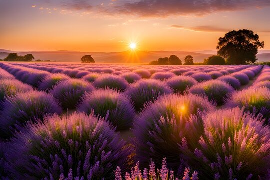 The landscape of lavender blooms in a field