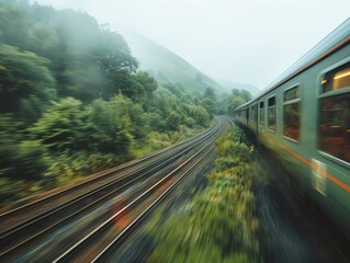 Train Racing Along. Witness the Majesty of a Railway Journey as the Locomotive Speeds Across Bridges and Through Tunnels