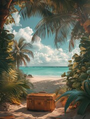 Landscape of a path leading to a beautiful beach. There is a leather suitcase in the middle of the path. Vacation, Poster, wallpaper.