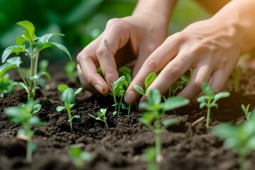 Farmer hands planting soil of tomato seedlings in vegetable garden. Organic farming and spring gardening concept